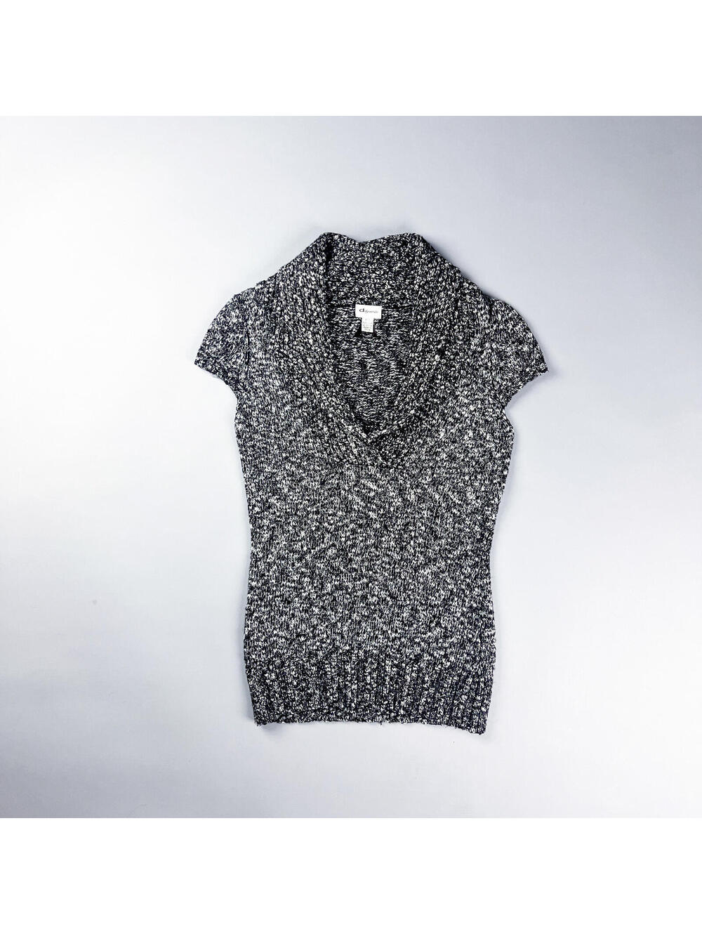 Y2K Black and White Marled Knit Short Sleeve Sweater Top